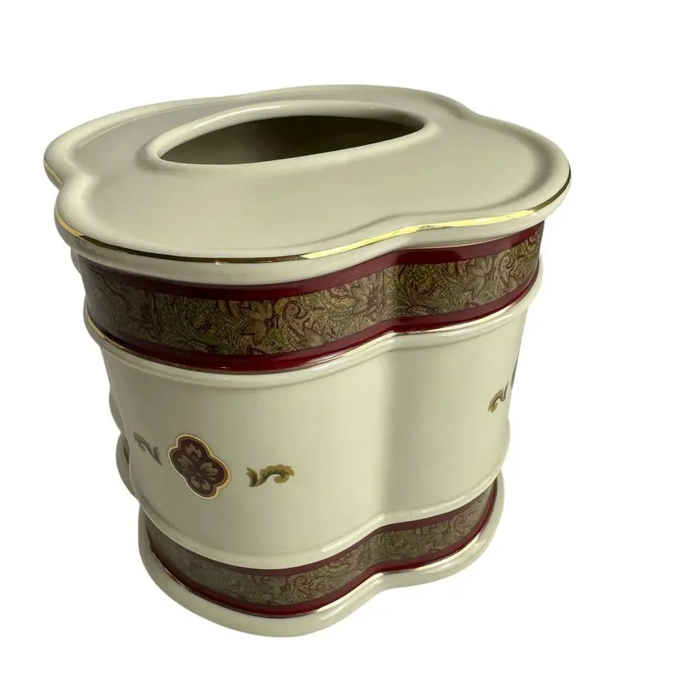 Croscill Bellissima Tissue Holder Cover Box Burgundy and Ivory Porcelain 6” Tall